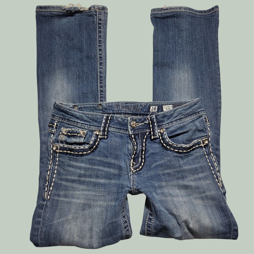 Miss Me JP5014-8 Low Rise Bootcut Jeans Blue Embroidered Sequins Womens 28